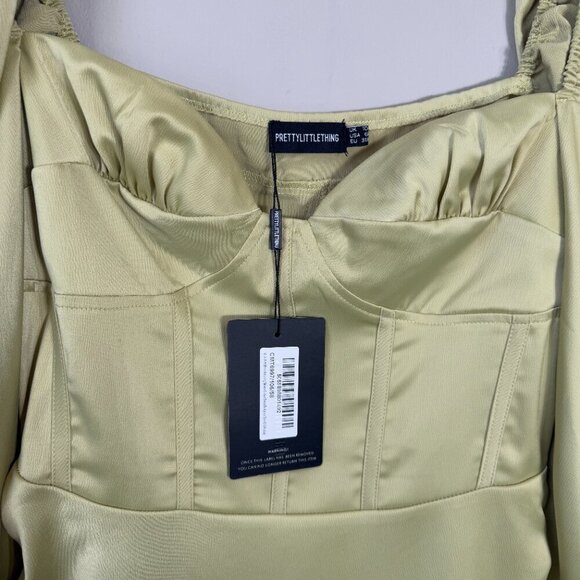 NWT PrettyLittleThing Puff Sleeve Corset Bodycon Mini Dress Womens 6 Olive Green - Picture 7 of 15